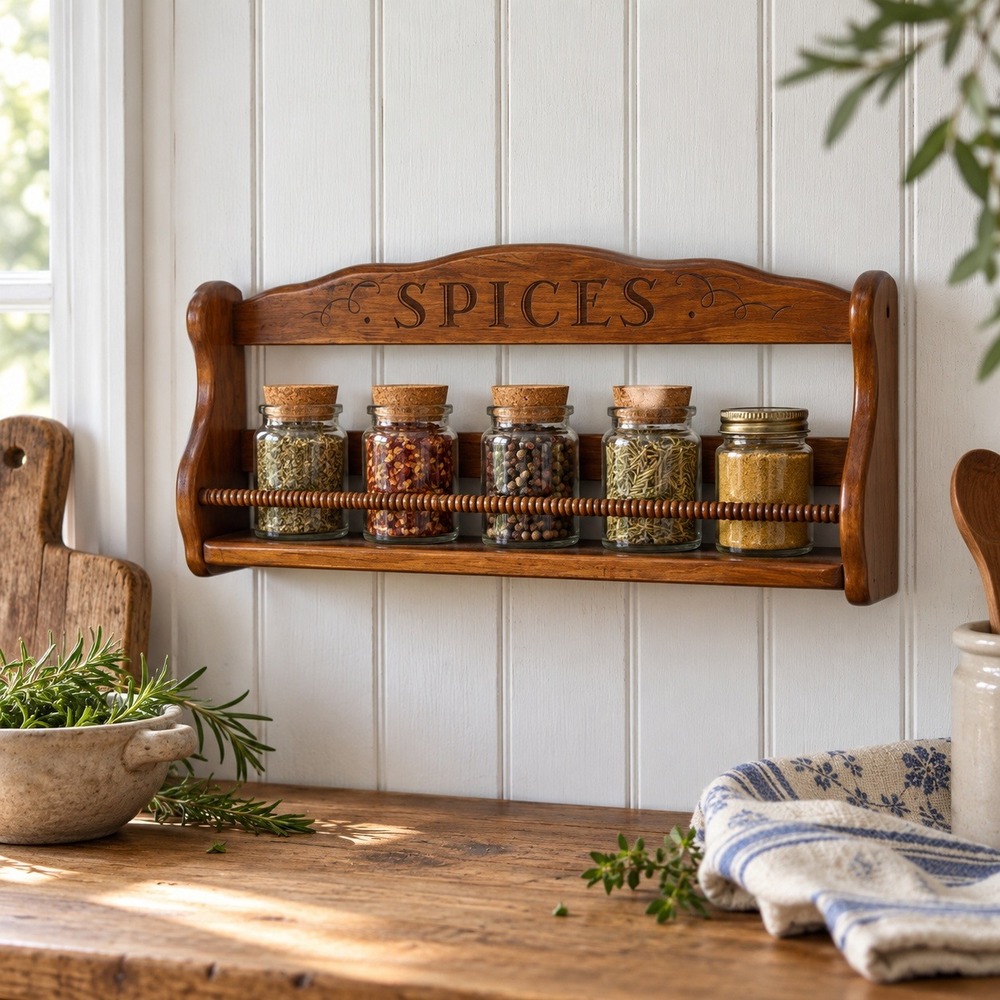 Vintage Wood Spice Rack for Cottage Kitchen, Wall Shelf with Spindle Rail